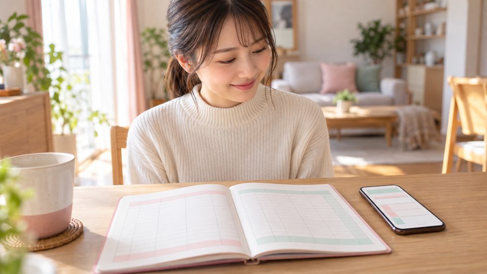 毎月の収入を記録している家計簿ノートとスマホ