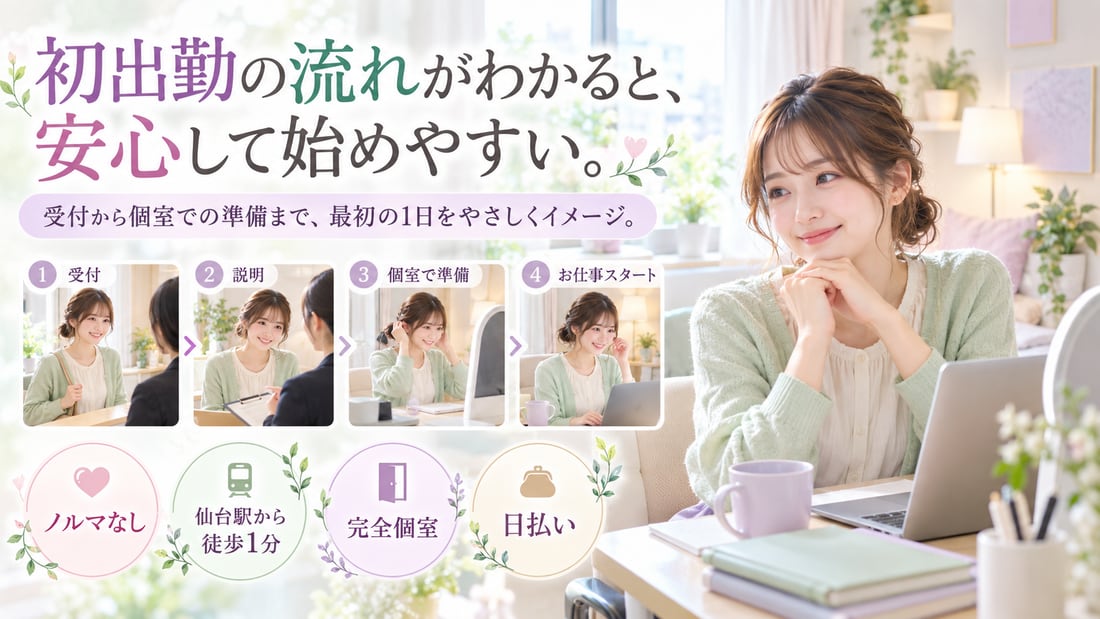 初出勤の流れがわかると、安心して始めやすい。／受付から個室での準備まで、最初の1日をやさしくイメージ。