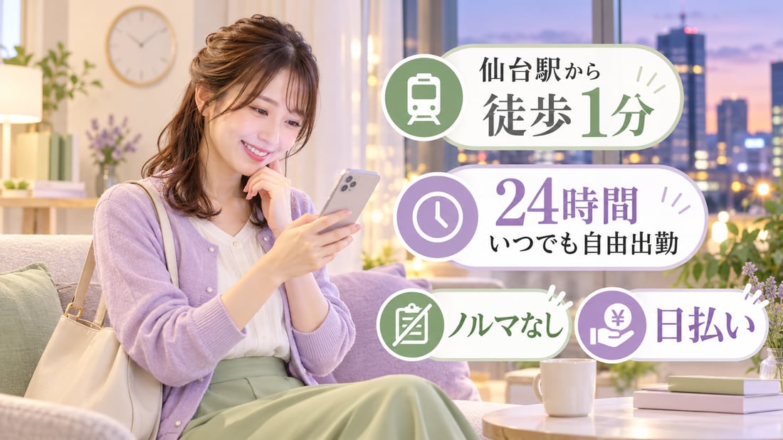 仙台駅から 徒歩1分／24時間 いつでも自由出勤