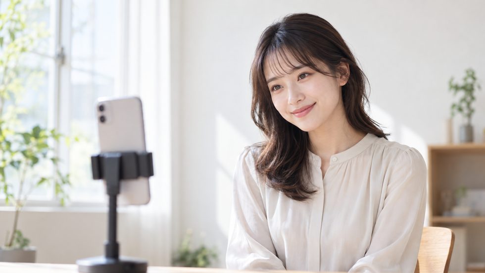 昼間の窓際でプロフィール用の写真を撮影する女性のイメージ