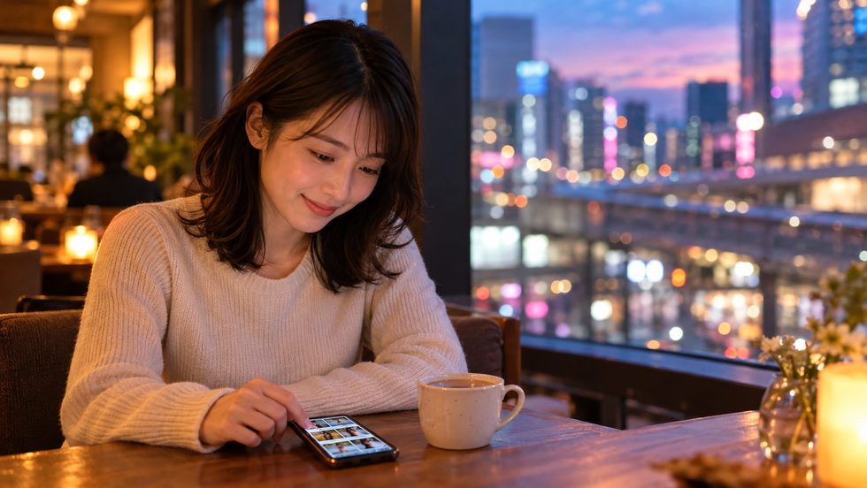 撮った写真の中からプロフィール用の一枚を選ぶ女性のイメージ