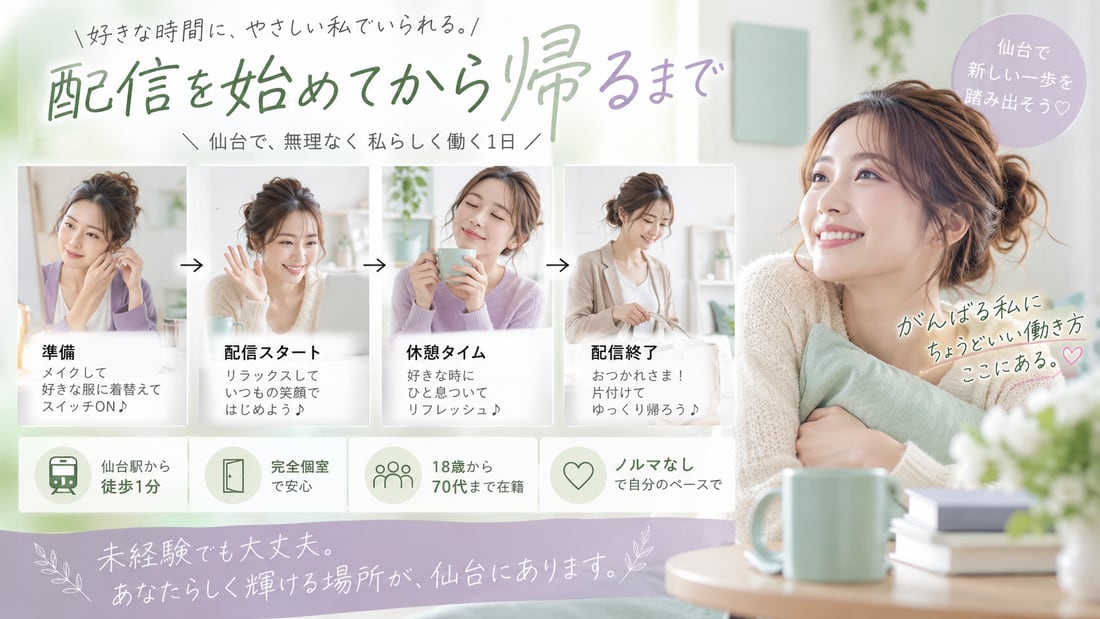 好きな時間に、やさしい私でいられる。/配信を始めてから帰るまで仙台で、無理なく 私らしく働く1日
