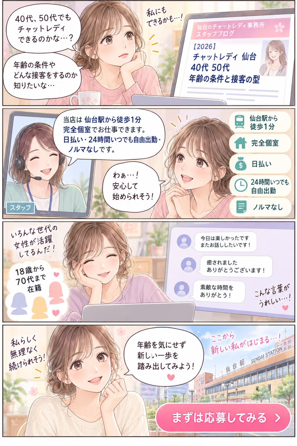 4コマ漫画:40代、50代でも チャットレディ できるのかな…?/年齢の条件や どんな接客をするのか 知りたいな…