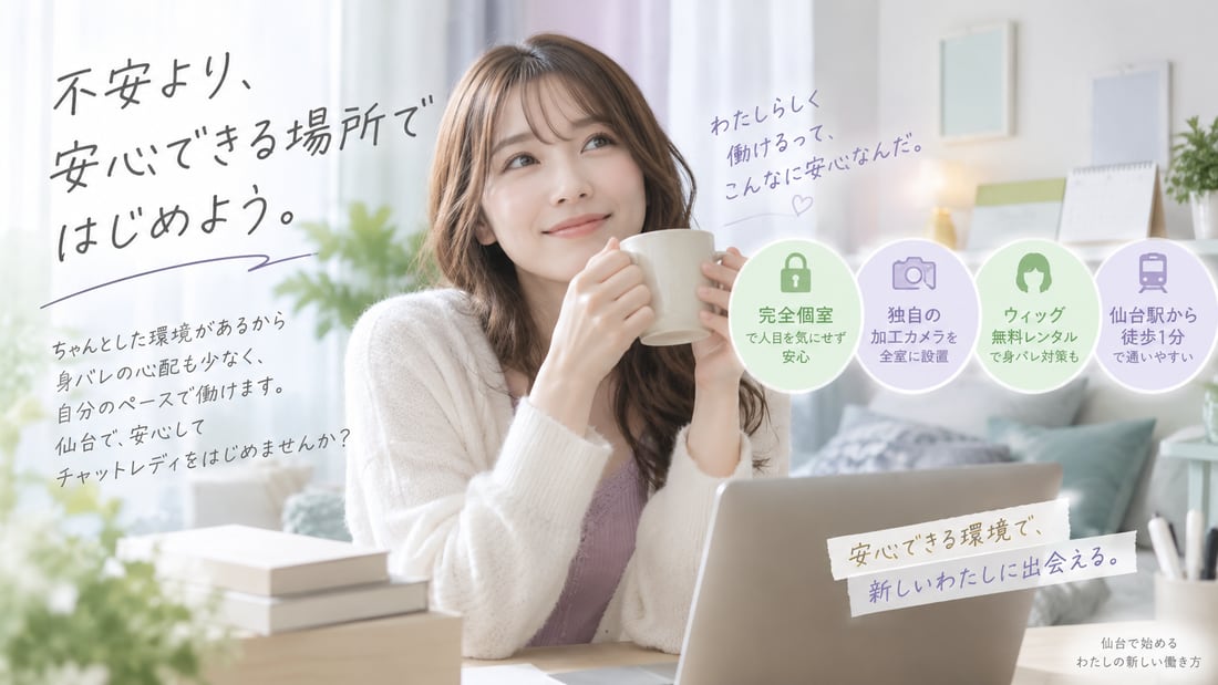 不安より、安心できる場所ではじめよう。／ちゃんとした環境があるから 身バレの心配も少なく、自分のペースで働けます。仙台で、安心してチャットレディをはじめませんか