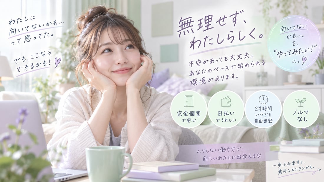 わたしに 向いてないかも… って思ってた。／でも、ここなら できるかも！♡