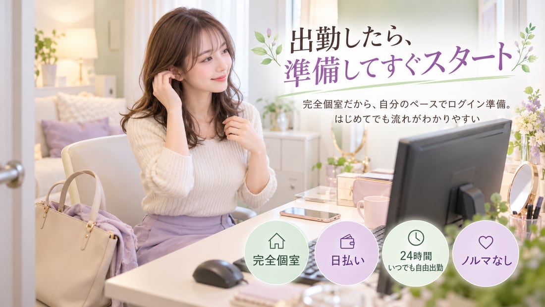 出勤したら、準備してすぐスタート/完全個室だから、自分のペースでログイン準備。