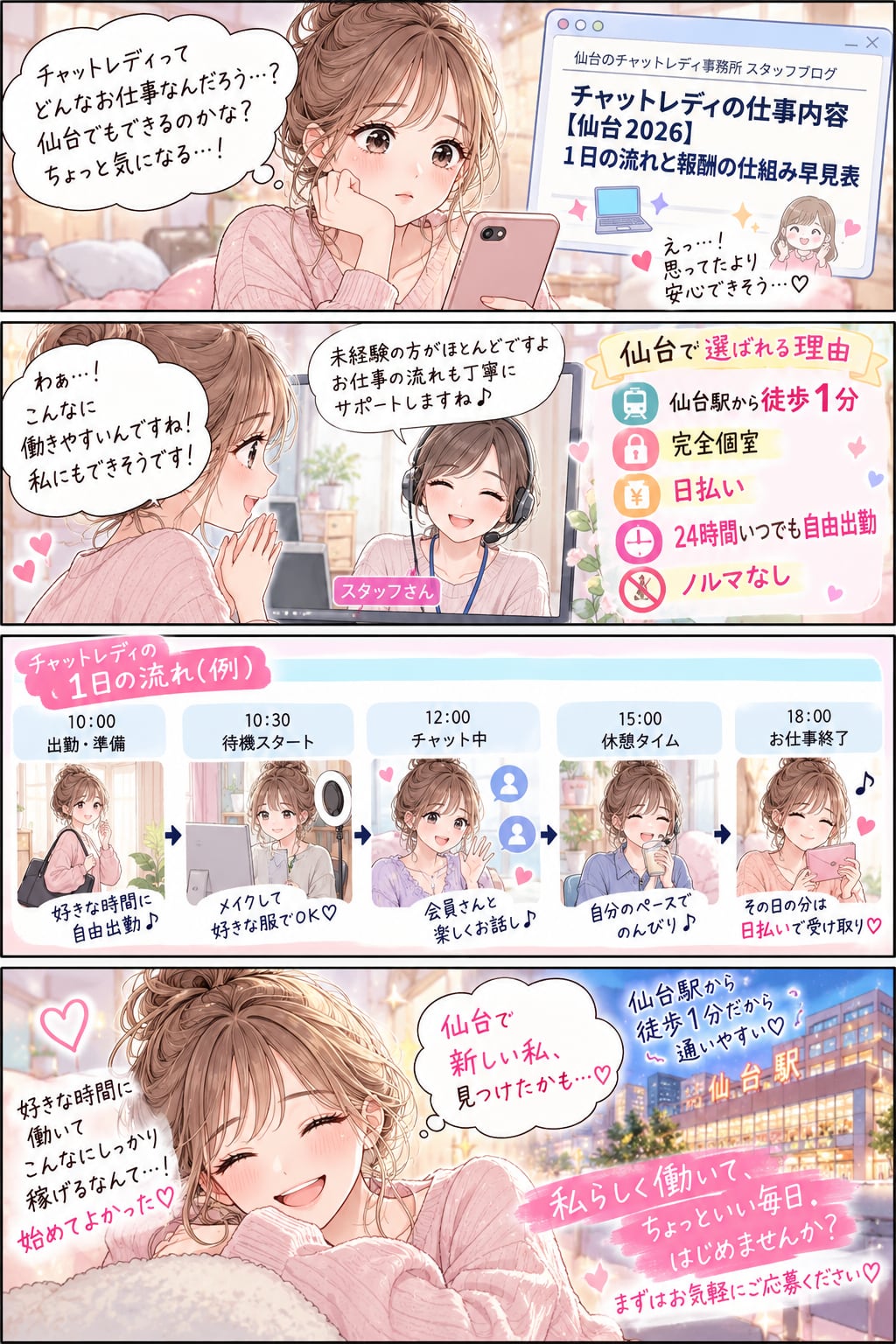 4コマ漫画:チャットレディって どんなお仕事なんだろう…? 仙台でもできるのかな? ちょっと気になる…!/仙台のチャットレディ事務所 スタッフブログ