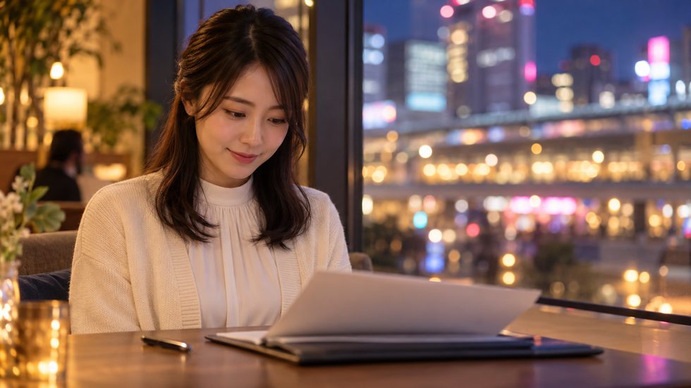 契約や条件の書面を確認する女性のイメージ