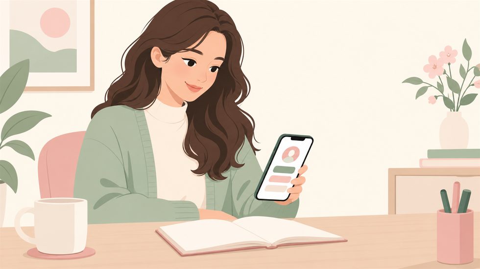 スマホでプロフィール文を見直している女性のイメージ