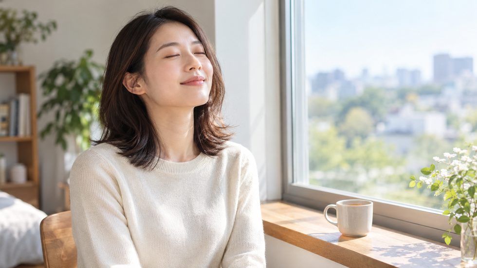 待機の合間に深呼吸して気持ちを落ち着ける女性のイメージ