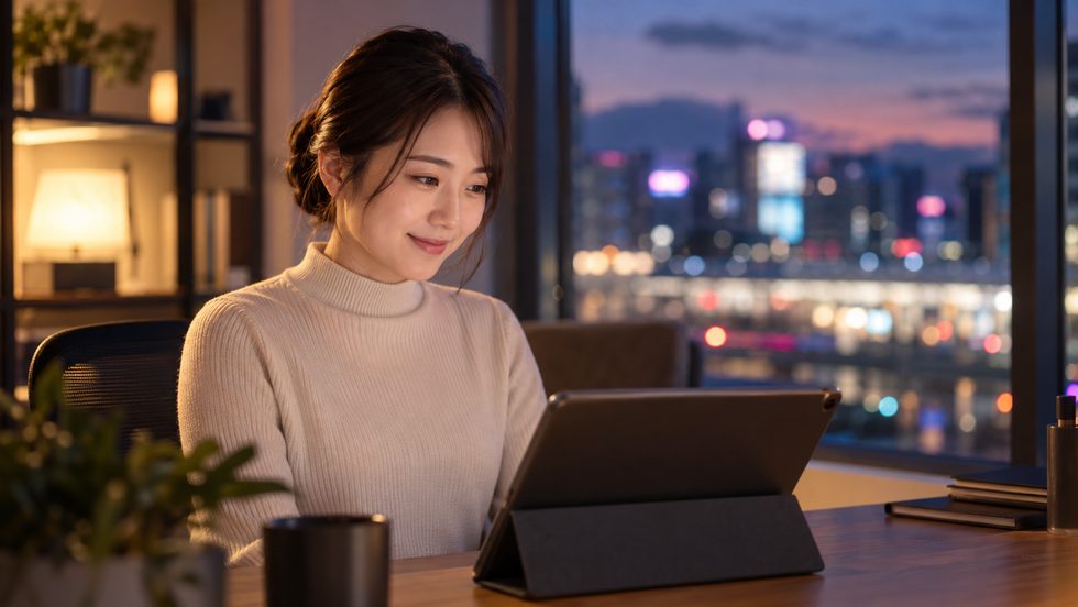 FEEDBACK SHEETを見返して振り返っている女性のイメージ
