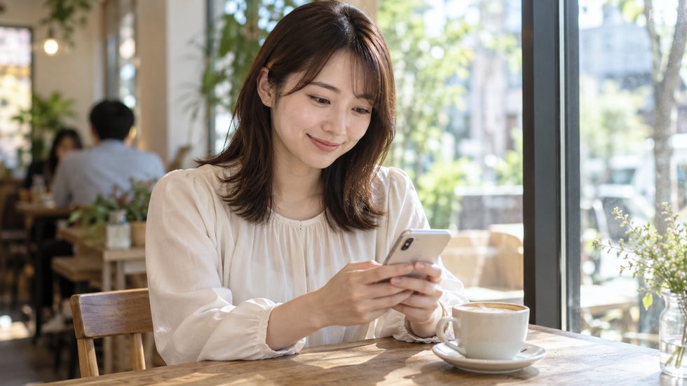 カフェでスマホから相談メッセージを送る女性