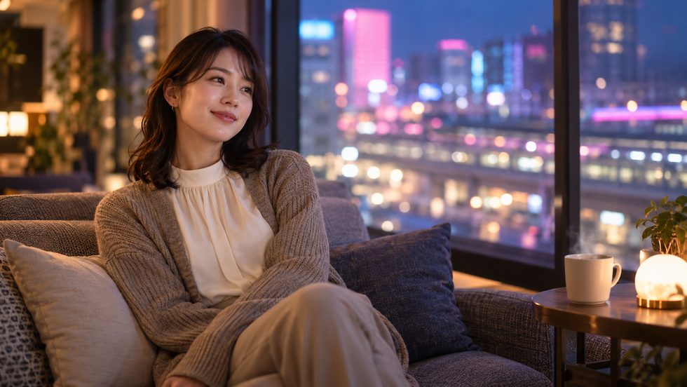 本業のあとに自宅でひと息つく女性のイメージ