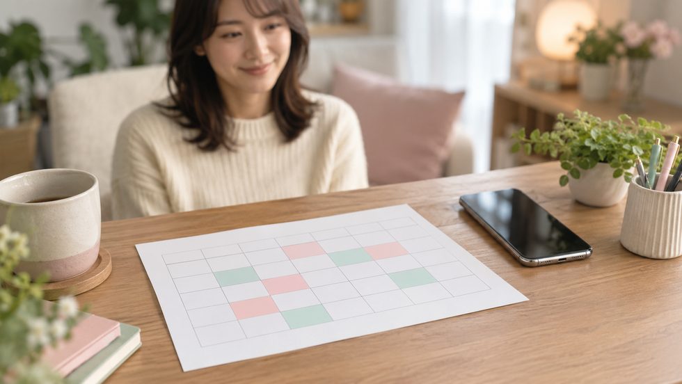 シフト表とスマホを見ながら出勤日を決める机の上