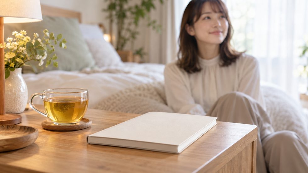 休む日にゆっくり過ごすためのお茶とノートのイメージ