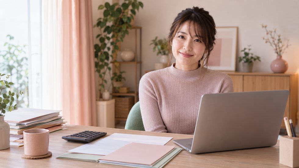確定申告の書類と電卓を広げた机のイメージ