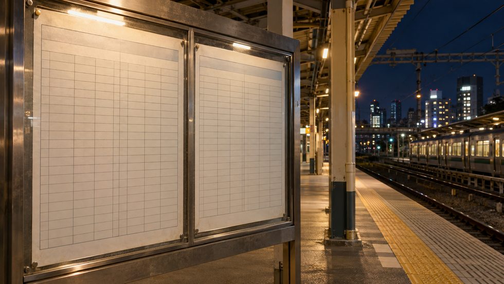 駅のホームにある時刻表と最終電車の案内
