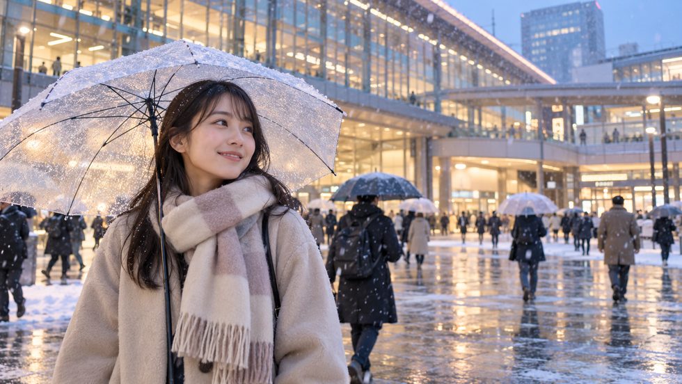 雪が降る冬の仙台駅前の夕方の風景