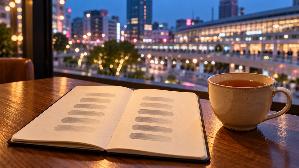 メリットとデメリットを書き出したノートと飲み物