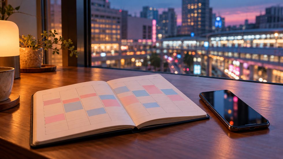 出勤日をスマホと手帳で組み立てるスケジュール帳の手元