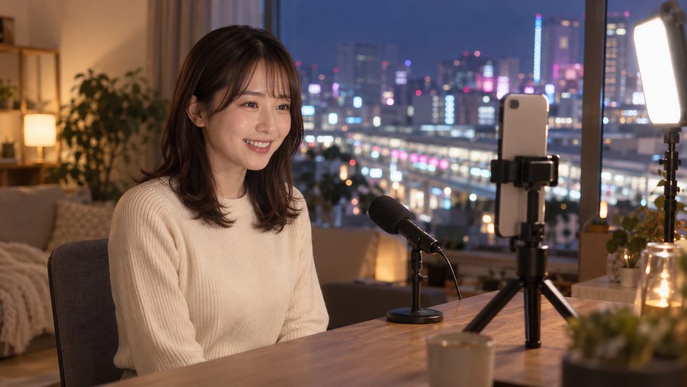 スマホ在宅で配信する女性（配信中の様子）